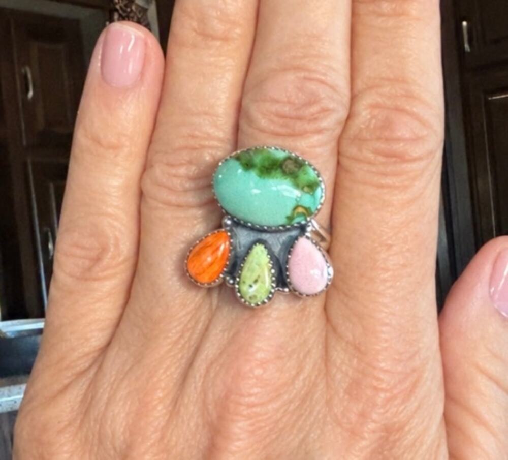 Sonoran Mountain & Paloma Turquoise Ring with Pink conch and Orange Spiny